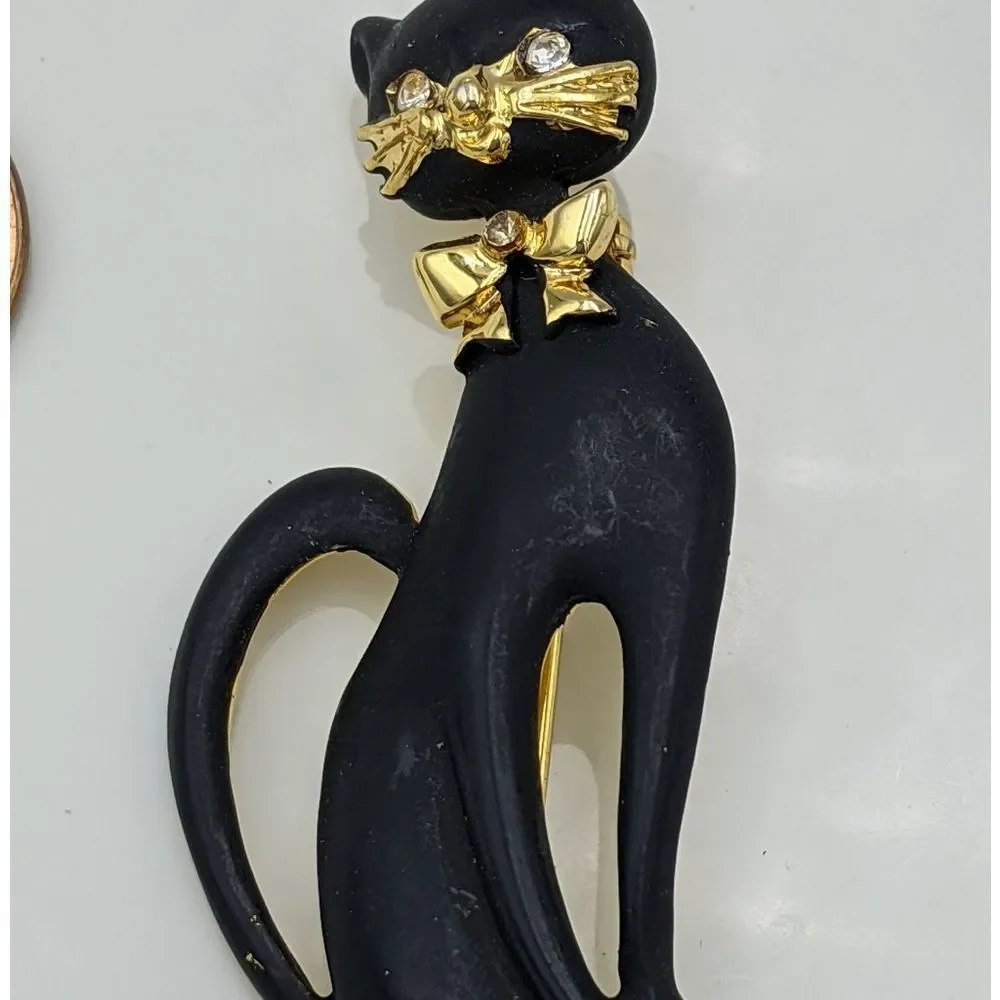 Vintage Black Cat Gold Bow Rhinestone Brooch Pin